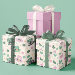 Chic Shamrock, bow and Hat Patrick’s Day set of 3 Wrapping Paper Sheets