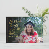 Chic She believed Gold Script Quote Graduation Invitation (Standing Front)