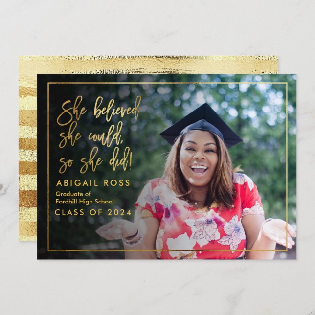 Chic She believed Gold Script Quote Graduation Invitation (Front/Back)