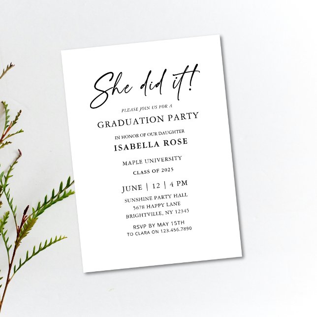 Chic She did it Black and White Graduation Party Invitation (Modern Elegant Chic Minimalist She did it graduation invitations, black and white graduation party i)