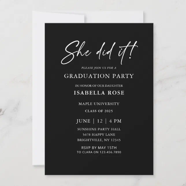 Chic She did it Black and White Graduation Party Invitation | Zazzle