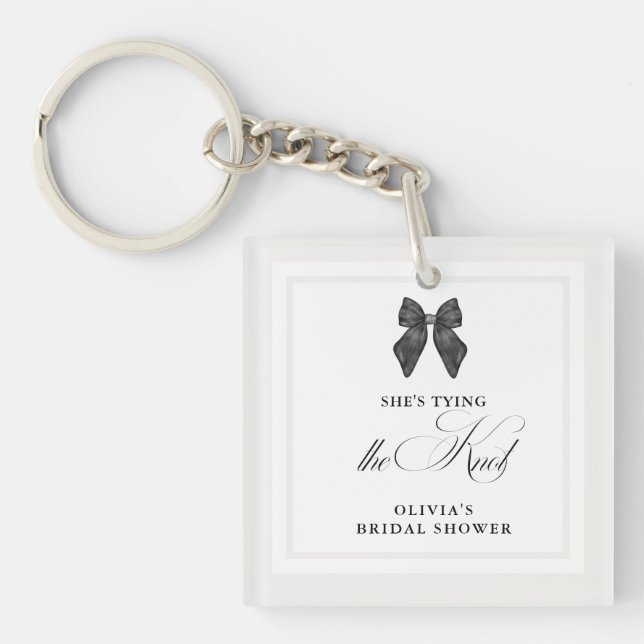 Chic 'She's Tying the Knot Black Bow Bridal Shower Keychain (Front)