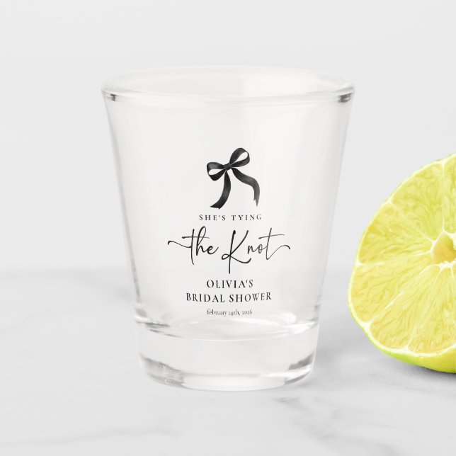 Chic She's Tying the Knot Black Bow Bridal Shower Shot Glass (Front)