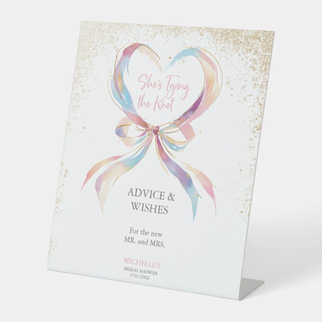 Chic She's Tying The Knot Pink Bow Advice & Wishes Pedestal Sign (Front)