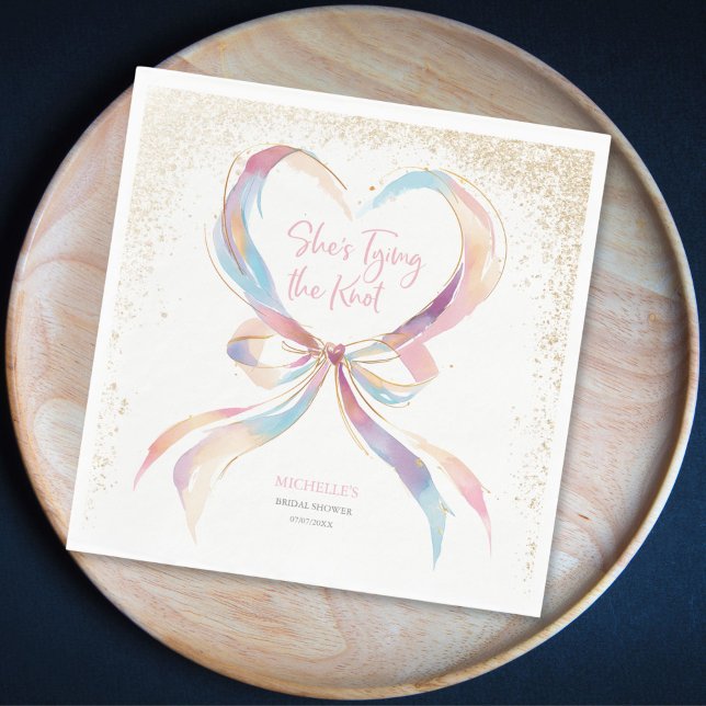 Chic She's Tying The Knot Pink Bow Bridal Shower  Napkins (pastel watercolor pink bow ribbon forming a heart shape with gold glitter details bridal shower)