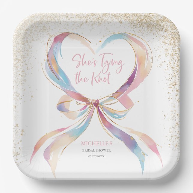 Chic She's Tying The Knot Pink Bow Bridal Shower  Paper Plates (Front)