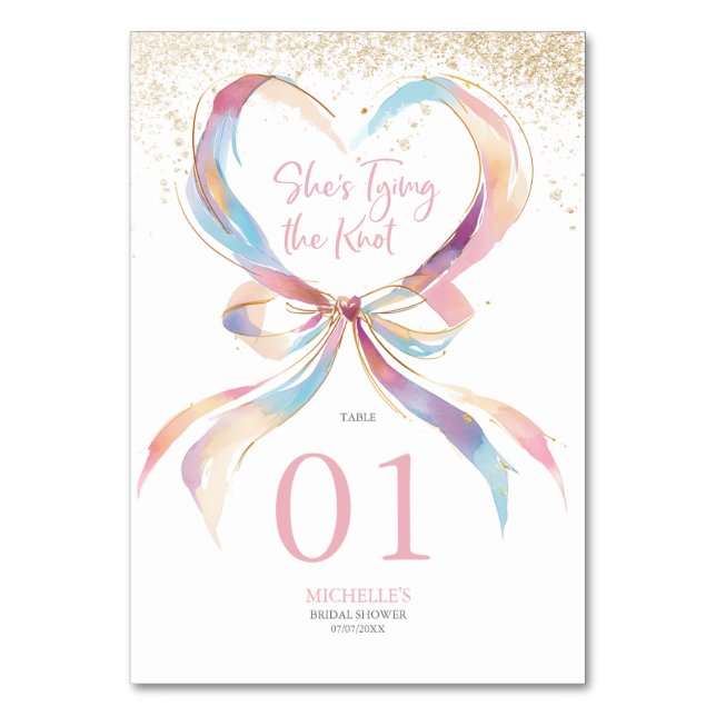 Chic She's Tying The Knot Pink Bow Bridal Shower  Table Number (Front)