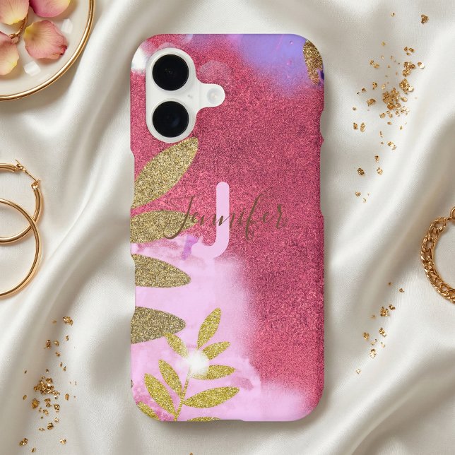 Chic Shimmering Hot Pink Glitter & Gold Botanical Case-Mate iPhone Case (Creator Uploaded)