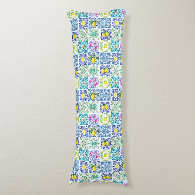 Chic Sicilian azulejo Amalfi Mediterranean tiles Body Pillow (Front Vertical)