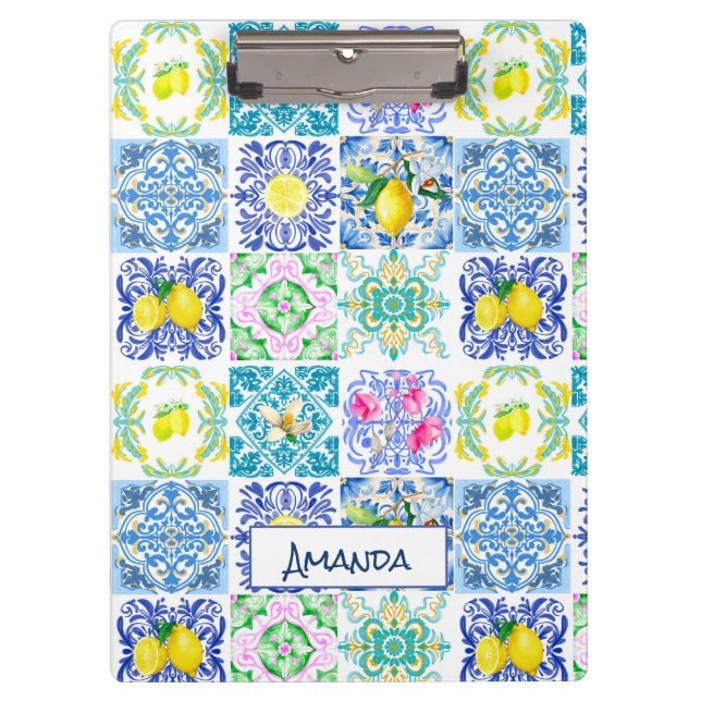 Chic Sicilian azulejo Amalfi Mediterranean tiles Clipboard (Front)