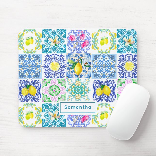 Chic Sicilian azulejo Amalfi Mediterranean tiles Mouse Pad (With Mouse)