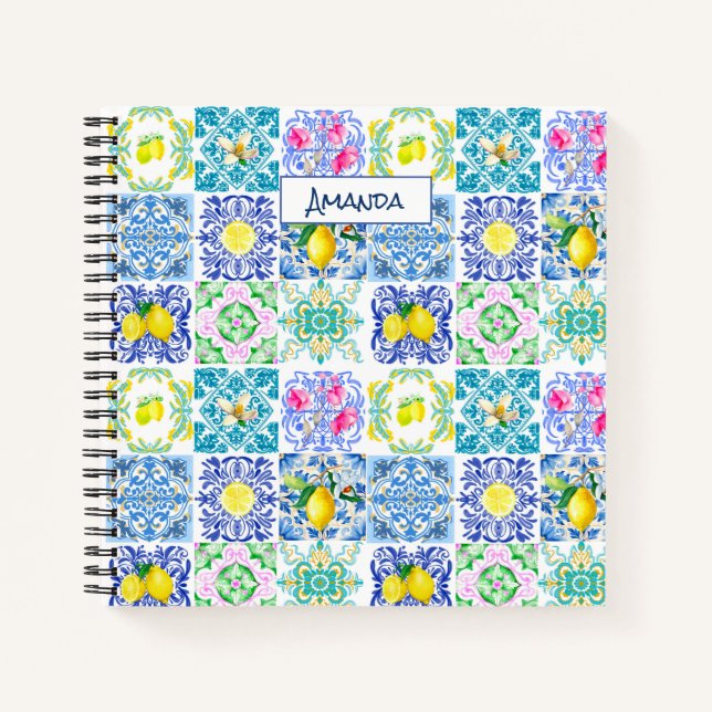 Chic Sicilian azulejo Amalfi Mediterranean tiles Notebook (Front)