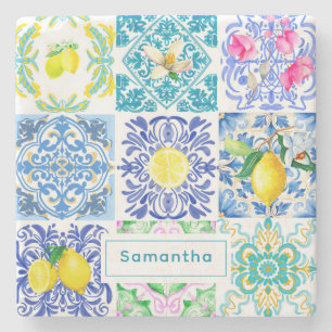 Chic Sicilian azulejo Amalfi Mediterranean tiles Stone Coaster