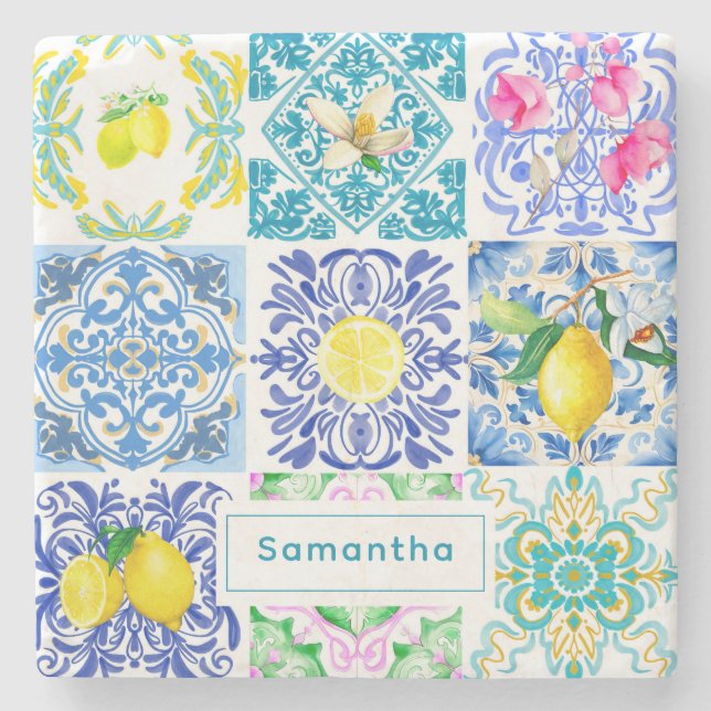 Chic Sicilian azulejo Amalfi Mediterranean tiles Stone Coaster (Front)