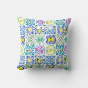 Chic Sicilian azulejo Amalfi Mediterranean tiles Throw Pillow
