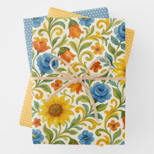 Chic Sicilian Colorful Leaves Floral Art Pattern Wrapping Paper Sheets
