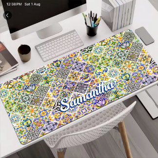 Chic Sicilian Mediterranean Green Tile Pattern Desk Mat