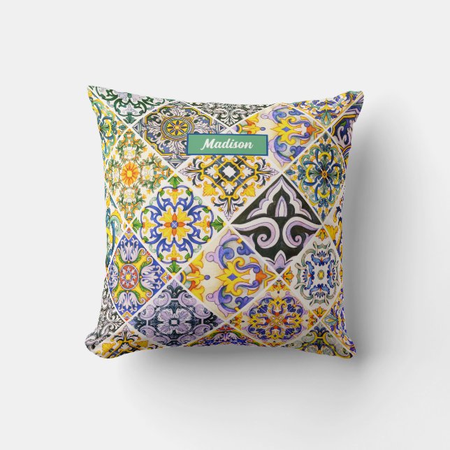 Chic Sicilian Mediterranean green tiles Throw Pillow (Front)