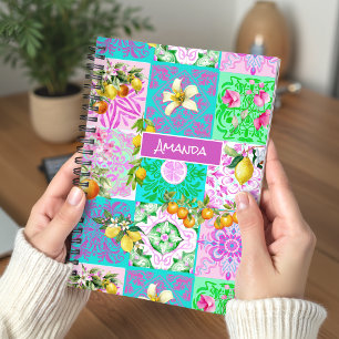 Chic Sicilian Pink Citrus Floral Tile Collage Notebook