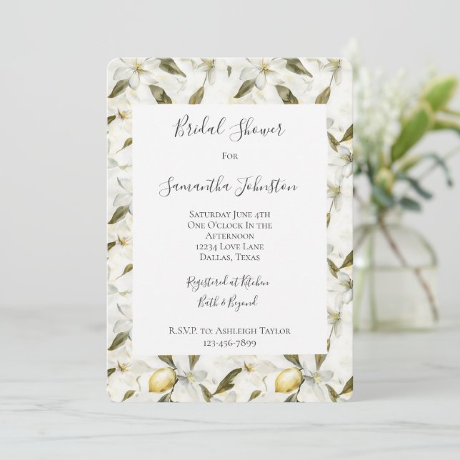 Chic Sicilian Summer Lemons Floral Bridal Shower Invitation (Standing Front)