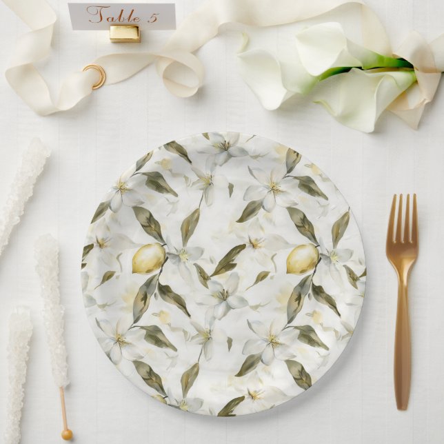 Chic Sicilian Summer Lemons Floral Wedding Paper Plates (Wedding)