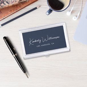 Chic Signature Script Blue Business Card Case