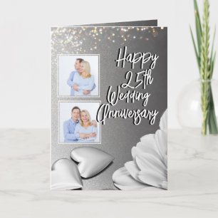 Chic Silver 3 Photos 25th Wedding Anniversary Card
