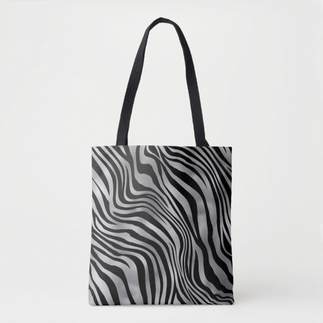 Chic Silver and Black Tiger Animal Print Tote Bag (Front)