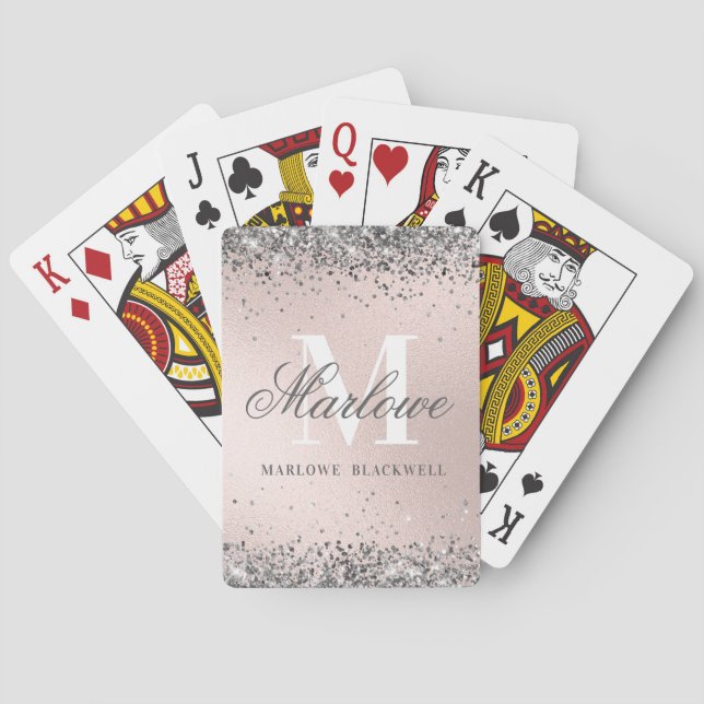 Chic Silver and Blush Pink Monogram Glitter Poker Cards (Back)