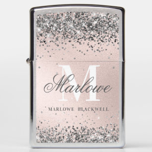 Chic Silver and Blush Pink Monogram Glitter Zippo Lighter