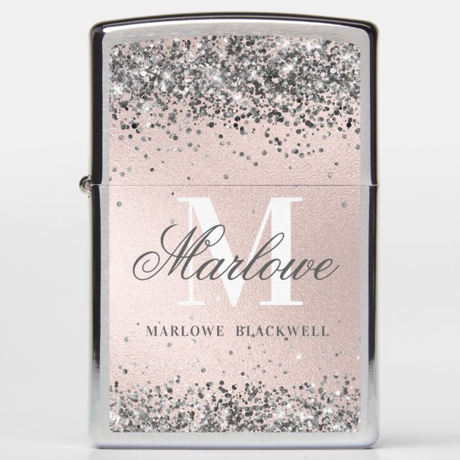 Chic Silver and Blush Pink Monogram Glitter Zippo Lighter (Front)