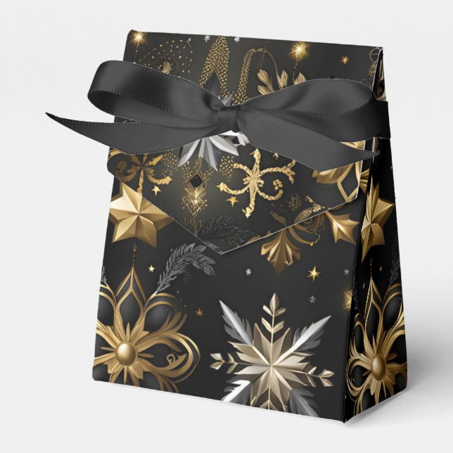 Chic Silver And Gold Snowflakes Tent Favor Boxes (Front Side)