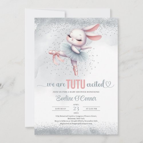 Chic silver and pink tutu dress bunny ballerina  invitation