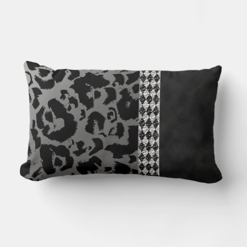 Chic Silver Black Leopard Print Suede Harlequin Lumbar Pillow