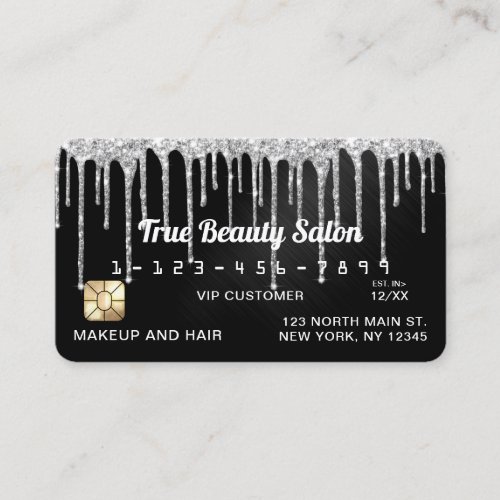 Chic Silver Black Metallic Glitter Drips Credit Business Card