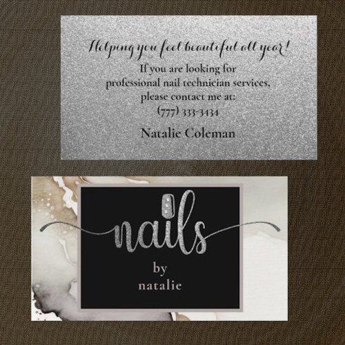 Chic Silver  Black Nail Technician Business Card