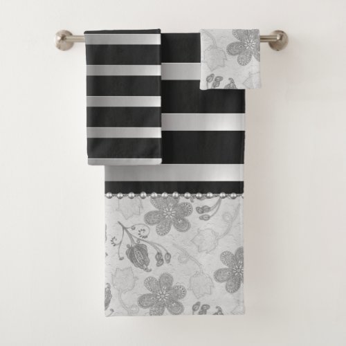 Chic Silver Black Stripes Floral  Bath Towel Set
