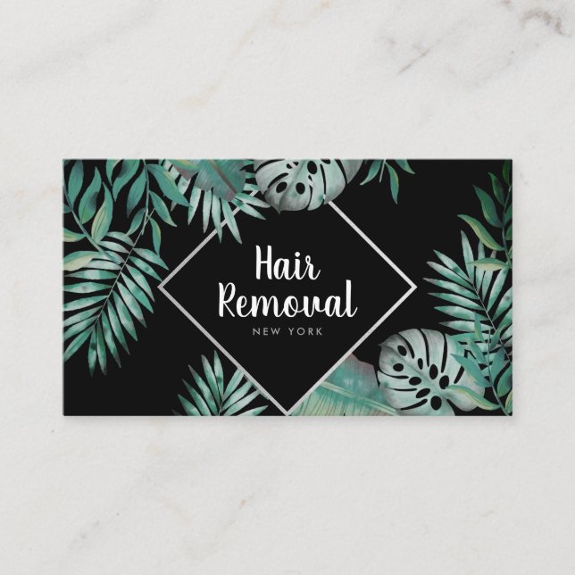 Chic silver black tropical green watercolor leaves business card (Front)