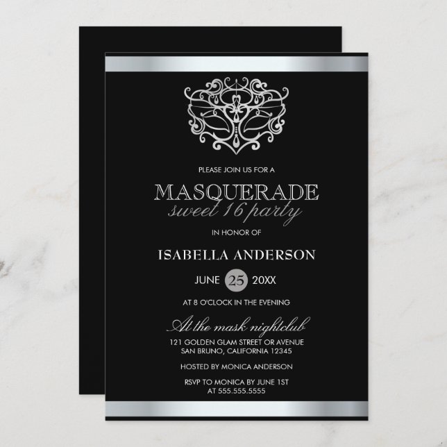 Chic Silver & Black Typography Masquerade Sweet 16 Invitation (Front/Back)