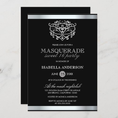 Chic Silver  Black Typography Masquerade Sweet 16 Invitation