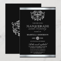 Chic Silver & Black Typography Masquerade Sweet 16