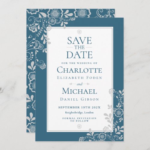 Chic Silver Blue Floral Save the Date Invitation