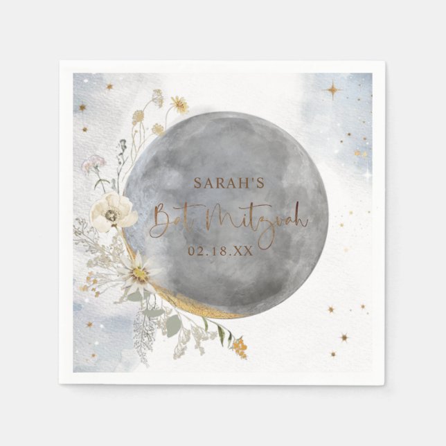 Chic Silver, Blue, Gold Celestial Moon Bat Mitzvah Napkins (Front)