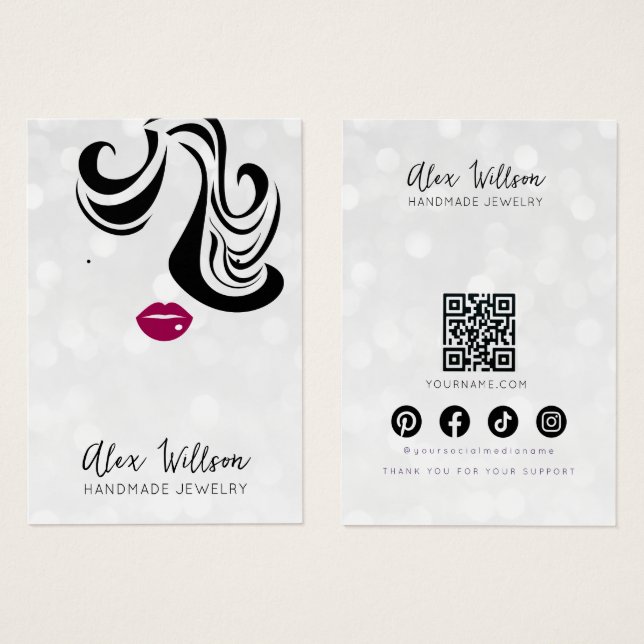 Chic Silver Bokeh Wavy Hair Jewelry Display Card  (Front & Back)