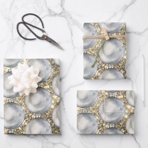 Chic Silver Christmas Ball Gold Glitter Sparkles Wrapping Paper Sheets