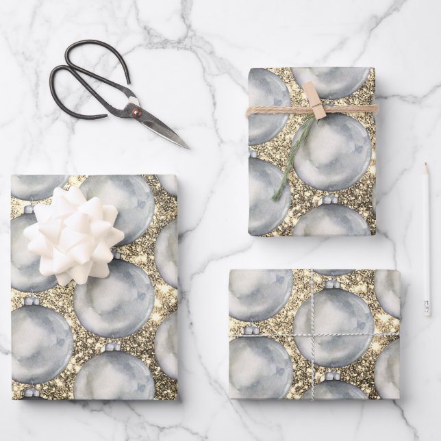 Chic Silver Christmas Ball Gold Glitter Sparkles Wrapping Paper Sheets (Front)