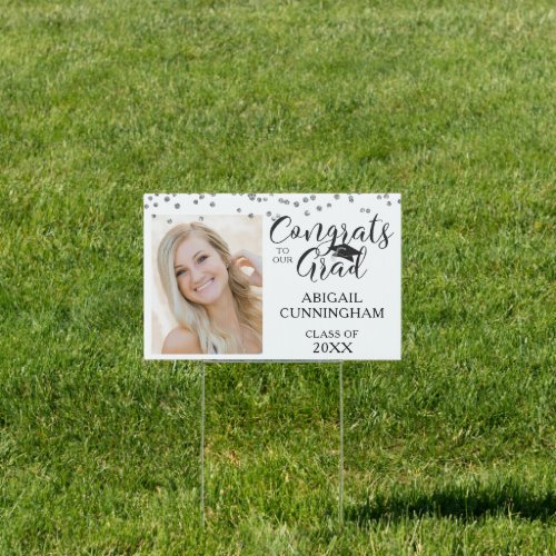 Chic Silver Confetti CONGRATS GRAD Script Photo Sign