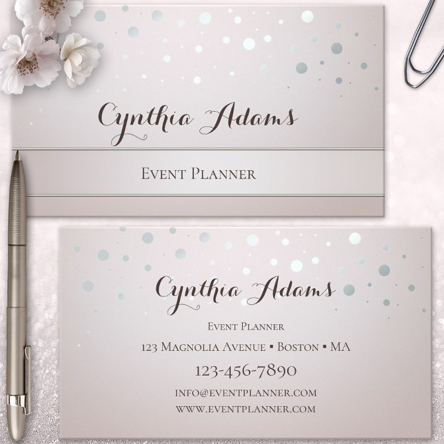 Chic Silver Confetti Event Planner Business Card (Event planner business card featuring chic sparkling silver confetti on a blush pink background)