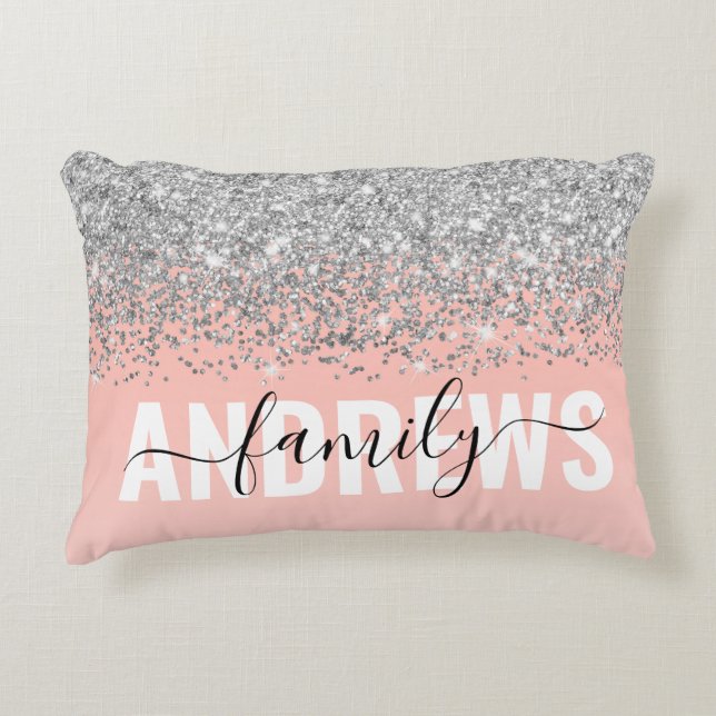 Chic Silver Confetti Pink Gradient Family Monogram Accent Pillow (Front)