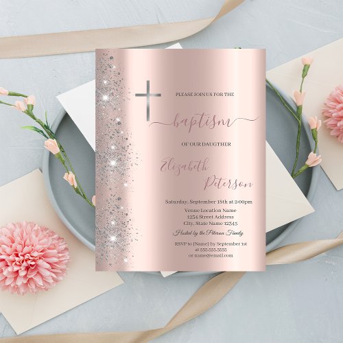 Chic Silver Cross Baptism Rose Gold Glitter Dust Invitation